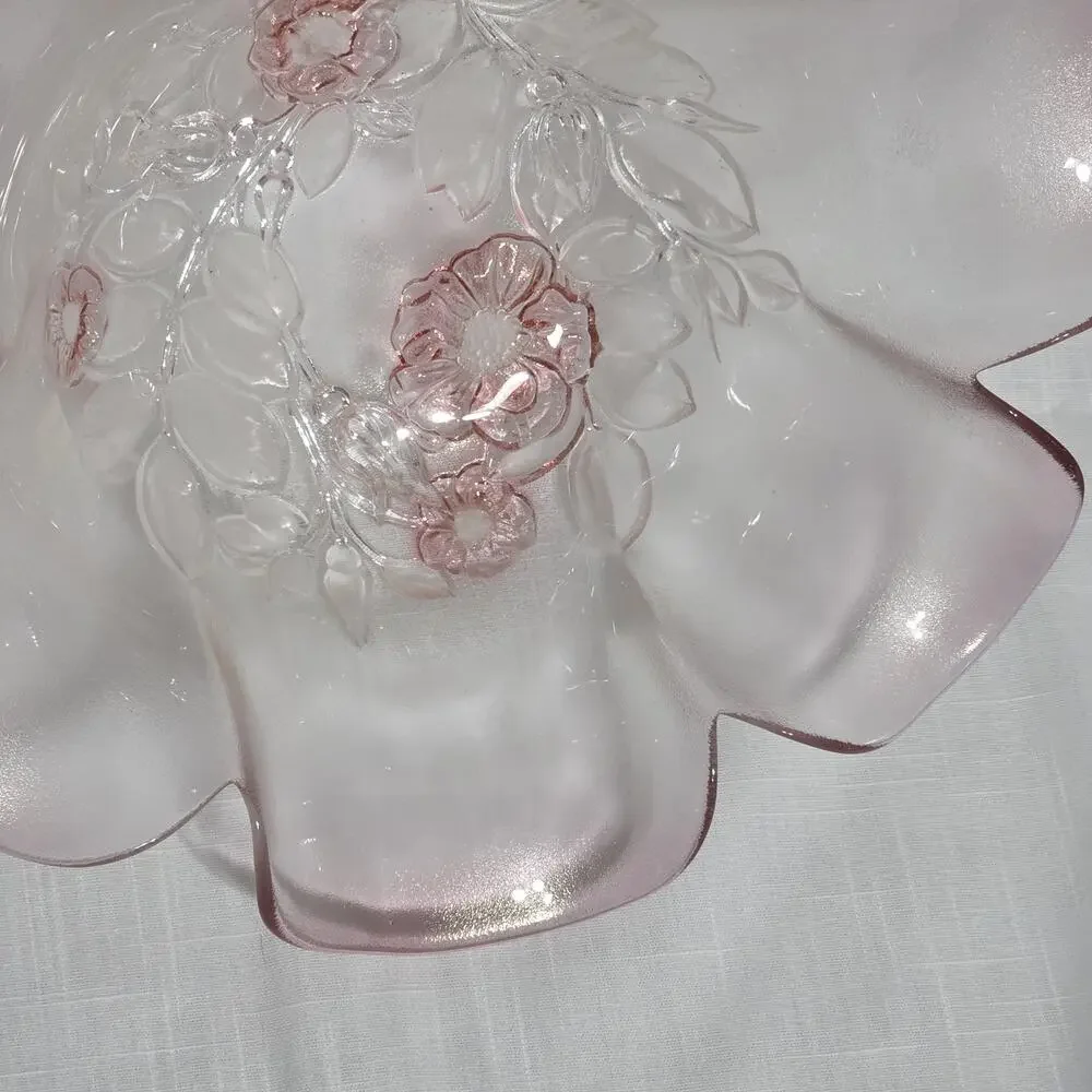 Mikasa Pink Frosted Art Glass Floral Ruffled Bowl 10